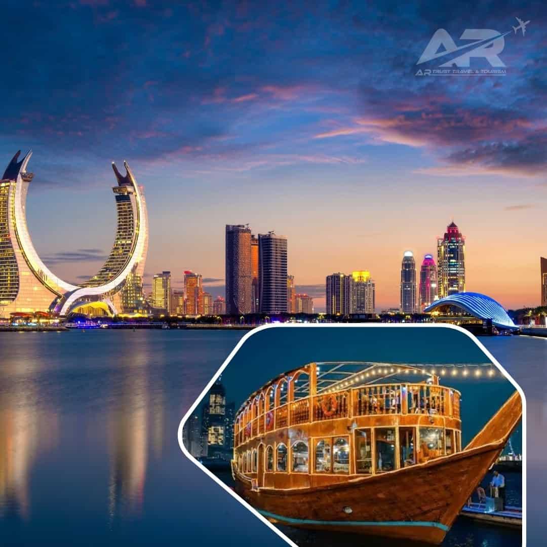 Doha skyline with dhow boat cruise at sunset, showcasing modern architecture and traditional maritim.