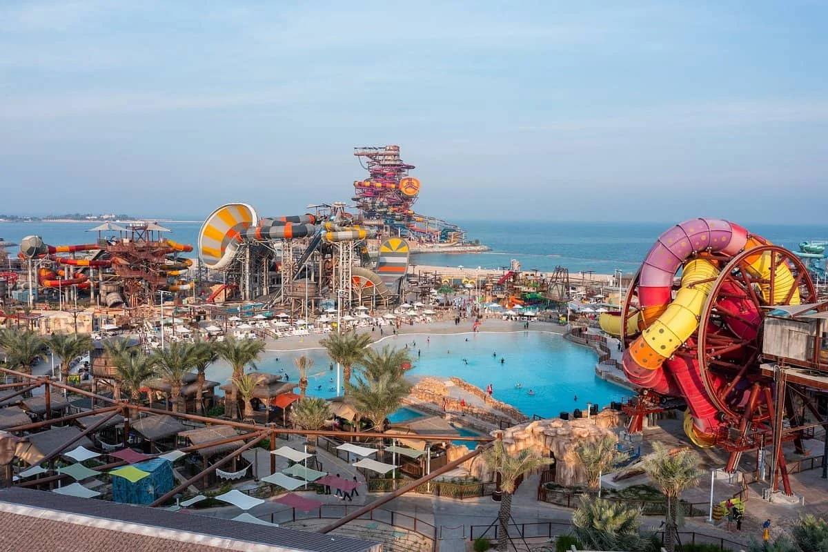 Waterpark with slides and pools at Doha City Meryal Waterpark, Qatar.